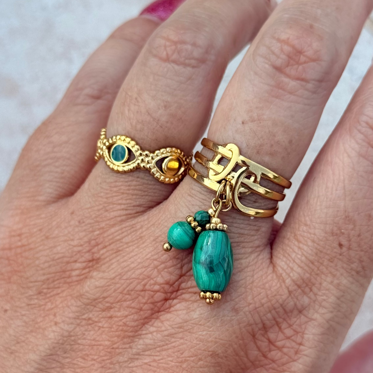 Bague breloques malachite ; création